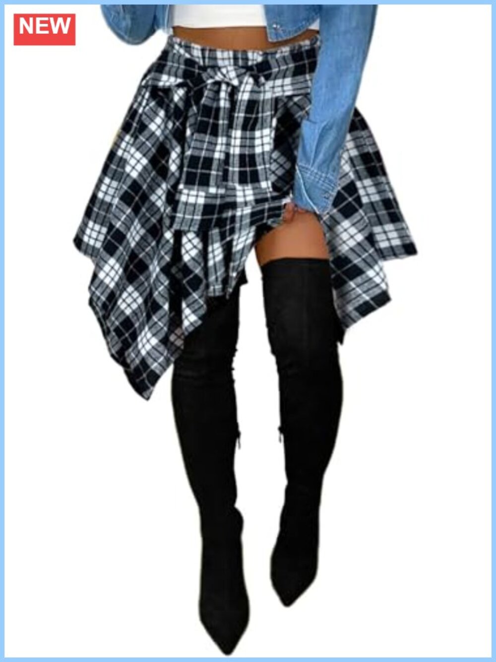 Plaid High Waist Pleated Mini Skirt Elastic Knot Front A-Line
